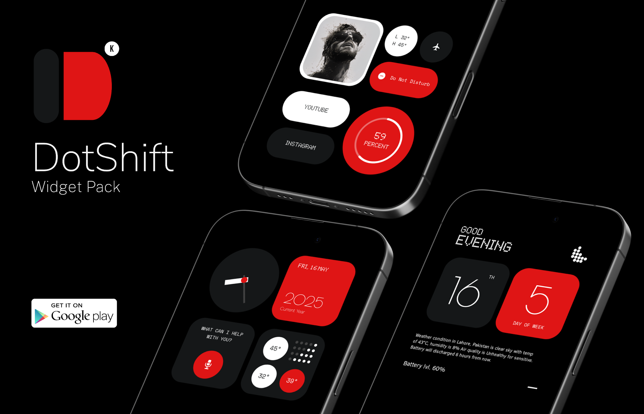 DotShift Widgets Preview — typography layouts and dot-grid system monitors