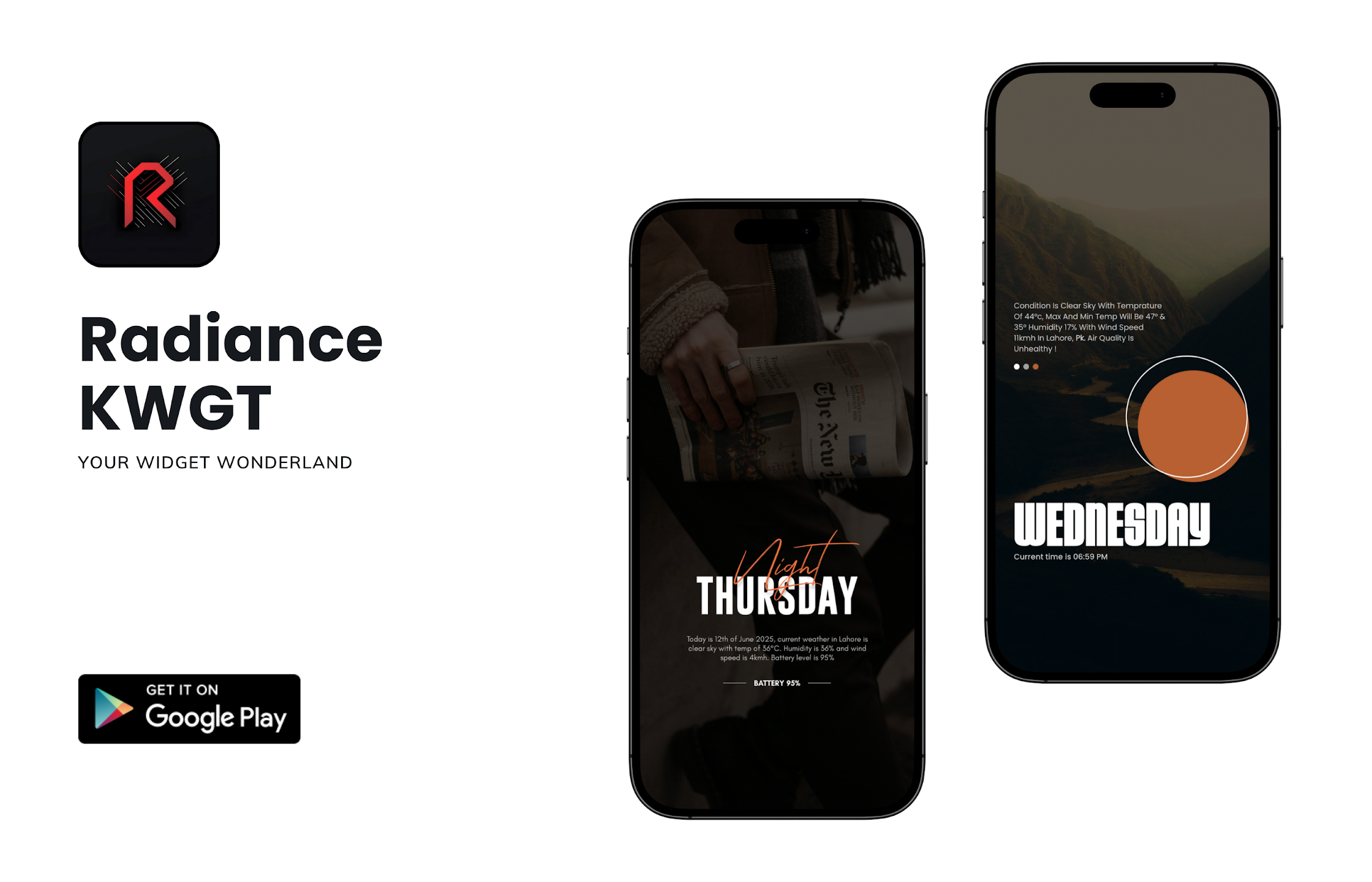 Radiance KWGT Preview — neon-glowing widgets with music controllers
